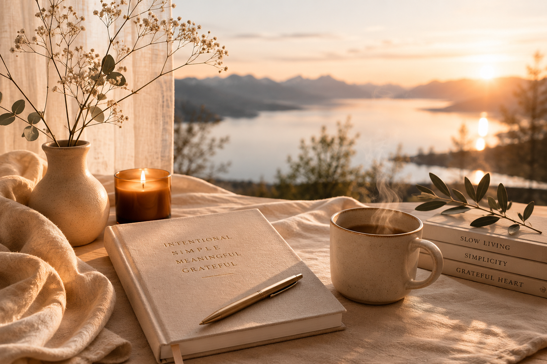 A peaceful Scandinavian-inspired interior overlooking a calm mountain lake at sunrise, reflecting Velqono's philosophy of intentional living, simplicity, and timeless design.