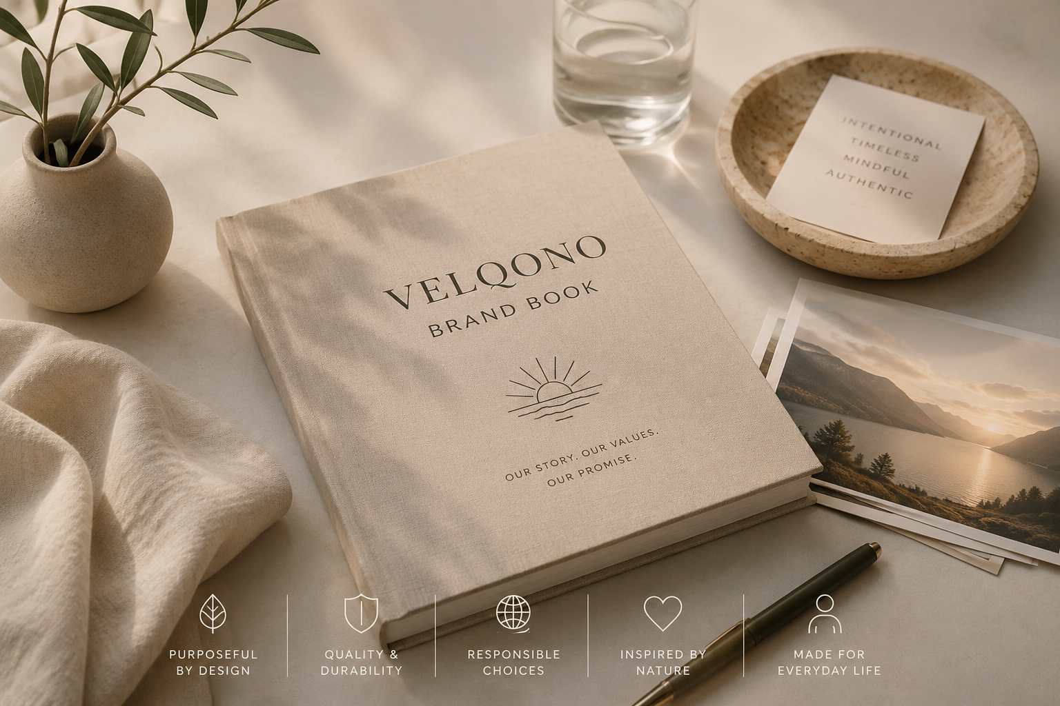 VELQONO Brand Book surrounded by minimalist lifestyle essentials, showcasing the brand's values, intentional living philosophy, timeless design, and Scandinavian-inspired aesthetics.