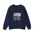 Jesus Over Everything Sweatshirt | Christian Faith Rainbow Script