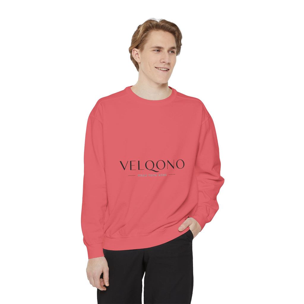 Person wearing a red sweatshirt with a logo on a white background