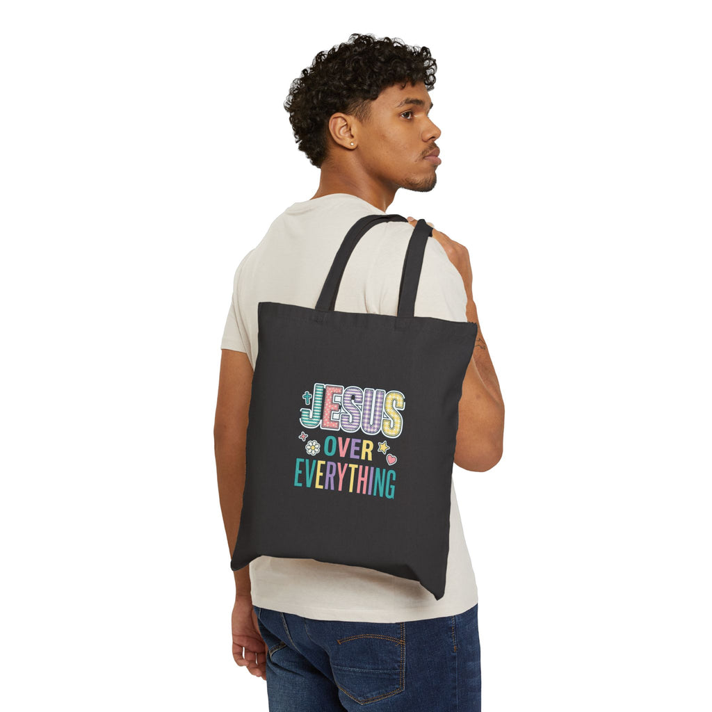 Jesus Over Everything Tote | Christian Rainbow Scripture Quote, Canvas