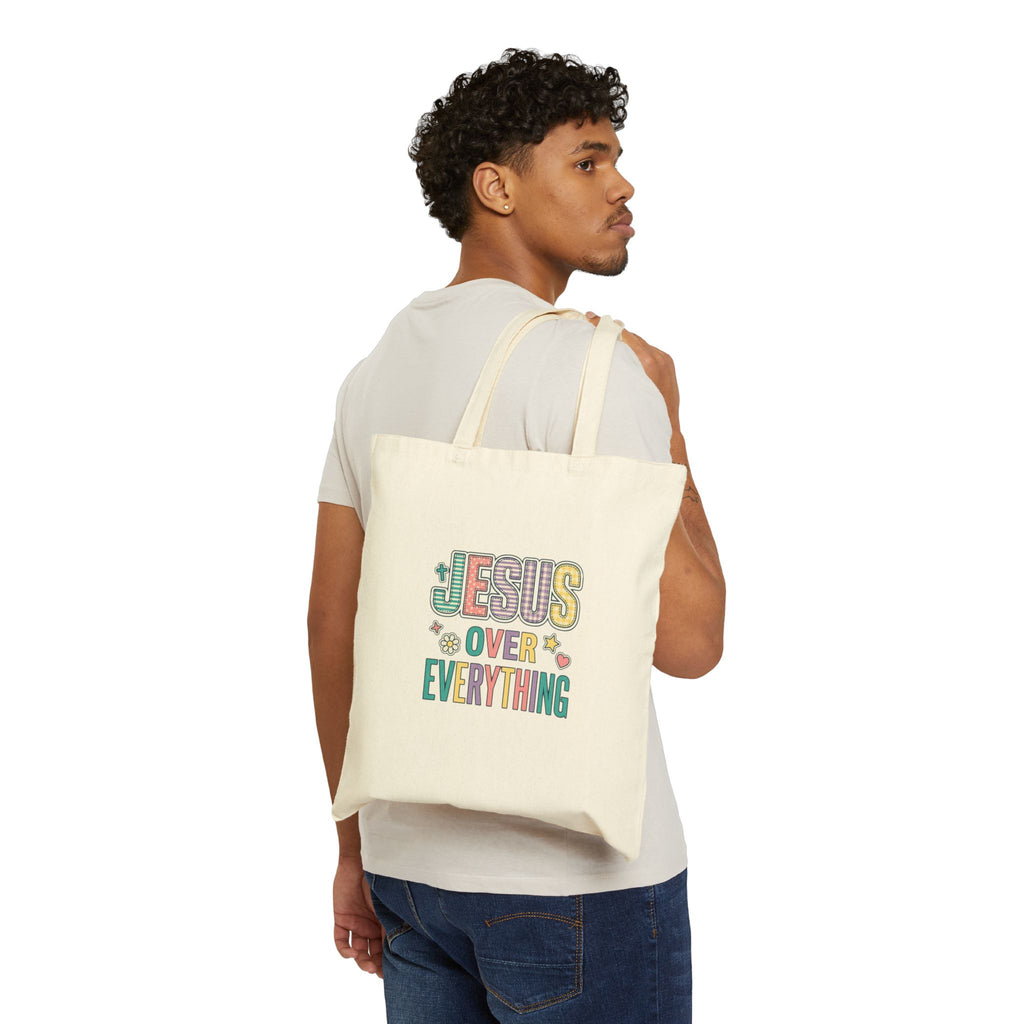 Jesus Over Everything Tote | Christian Rainbow Scripture Quote, Canvas