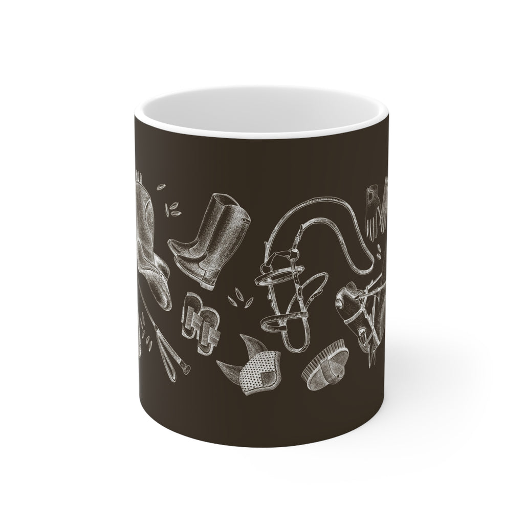 Equestrian Chalkboard Coffee Mug — Horse Riding Gear Pattern, 11oz & 15oz