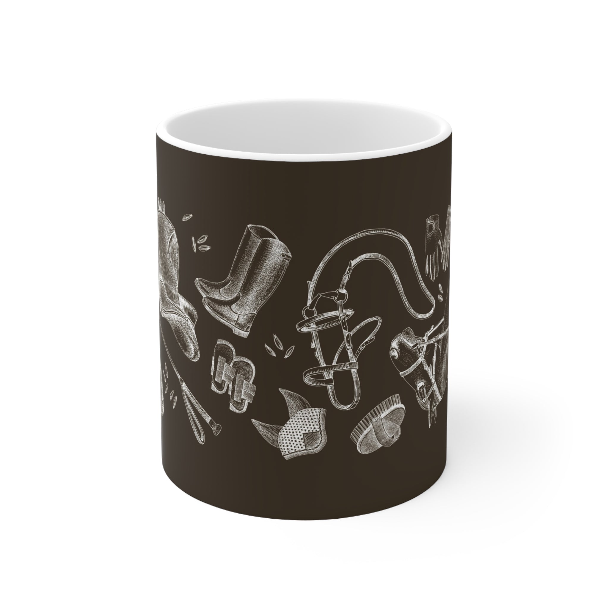 Equestrian Chalkboard Coffee Mug — Horse Riding Gear Pattern, 11oz & 15oz