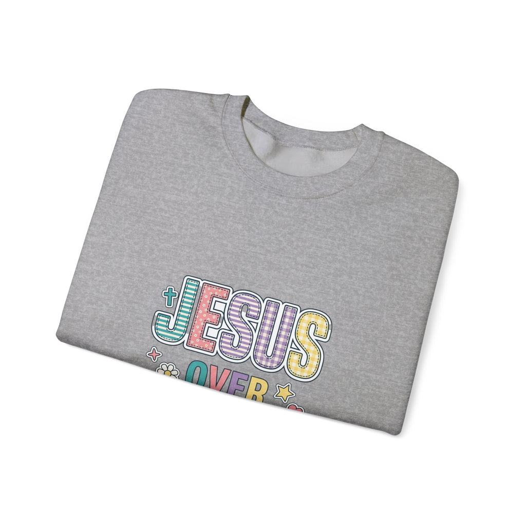 Jesus Over Everything Sweatshirt | Christian Faith Rainbow Script