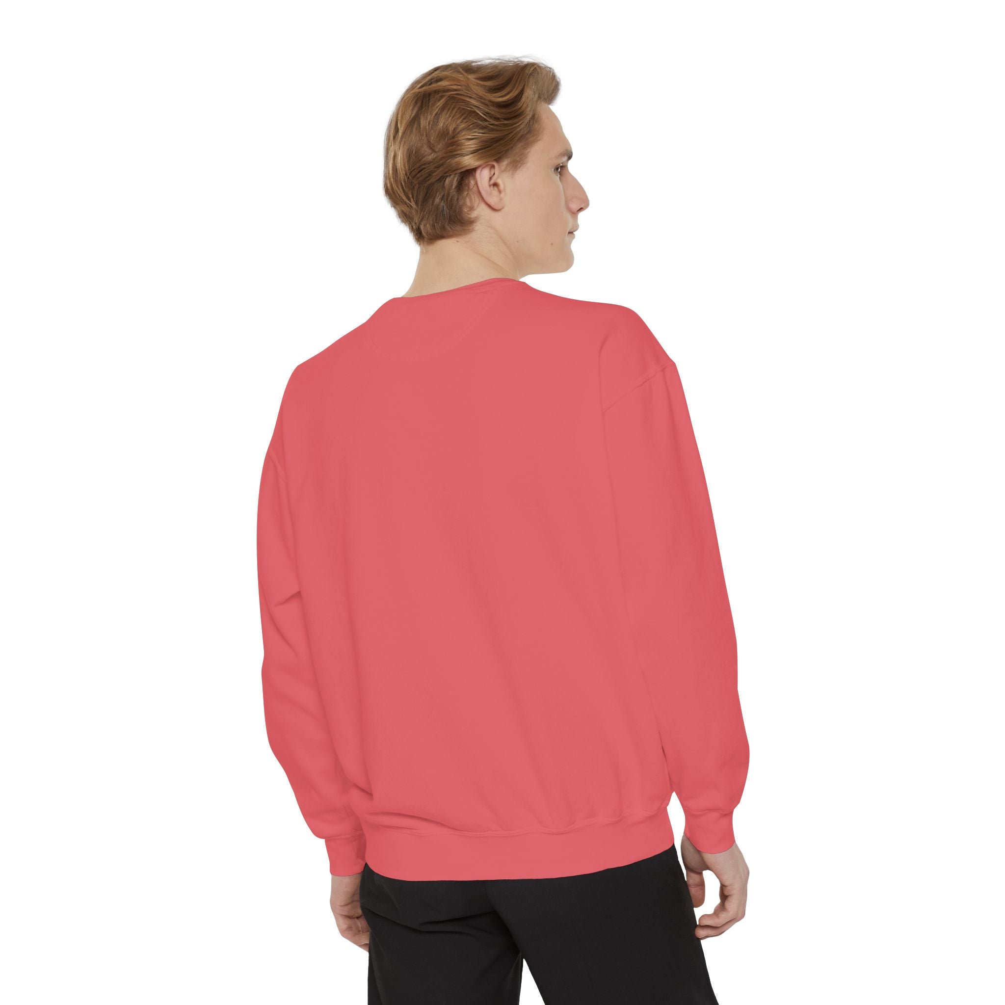 Person wearing a pink sweatshirt on a white background
