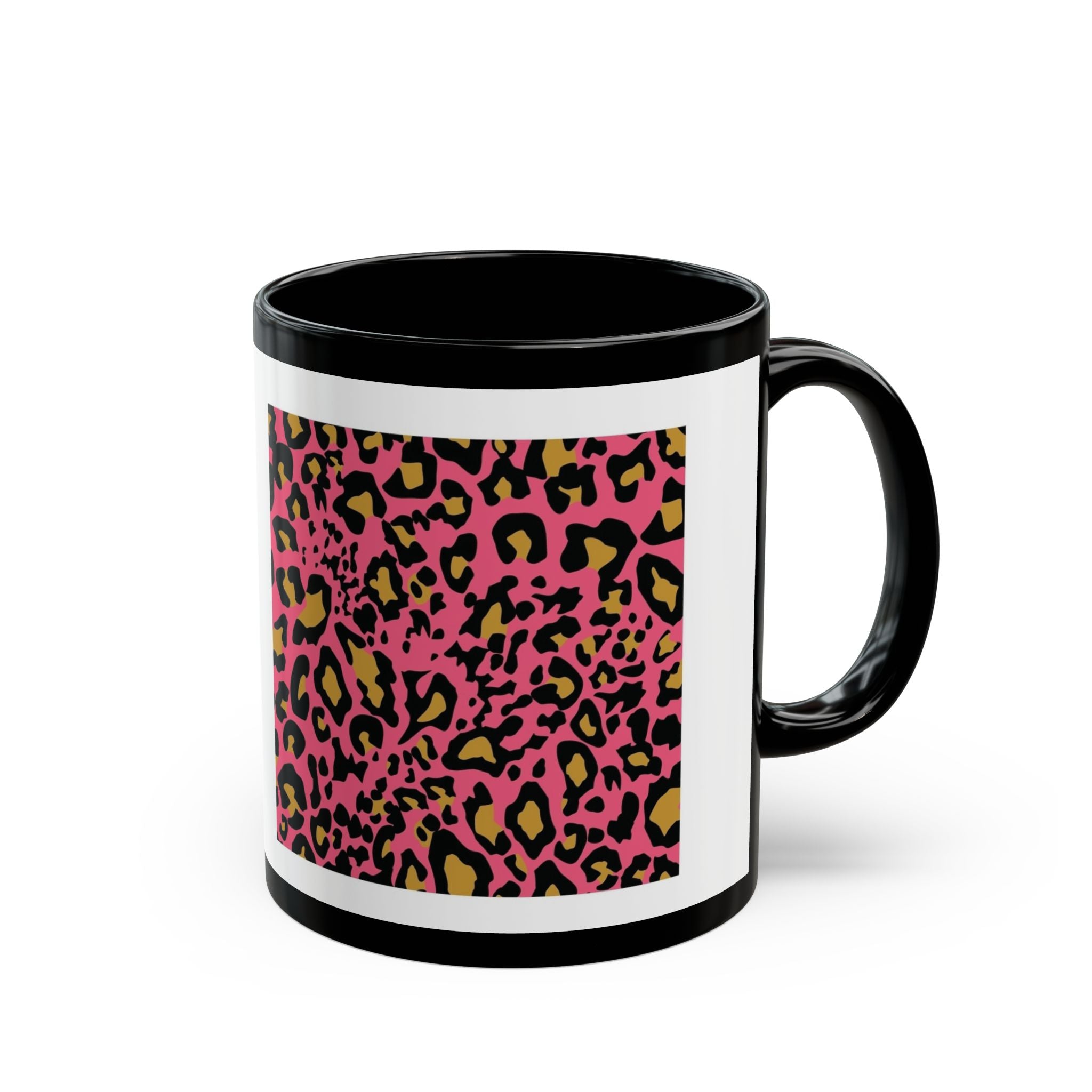 Leopard Love Black Ceramic Mug — Pink Leopard Print Coffee Cup (11oz & 15oz)