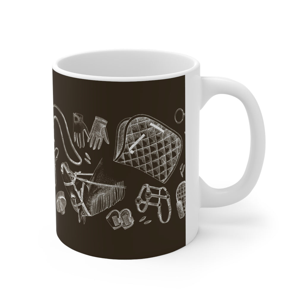 Equestrian Chalkboard Coffee Mug — Horse Riding Gear Pattern, 11oz & 15oz