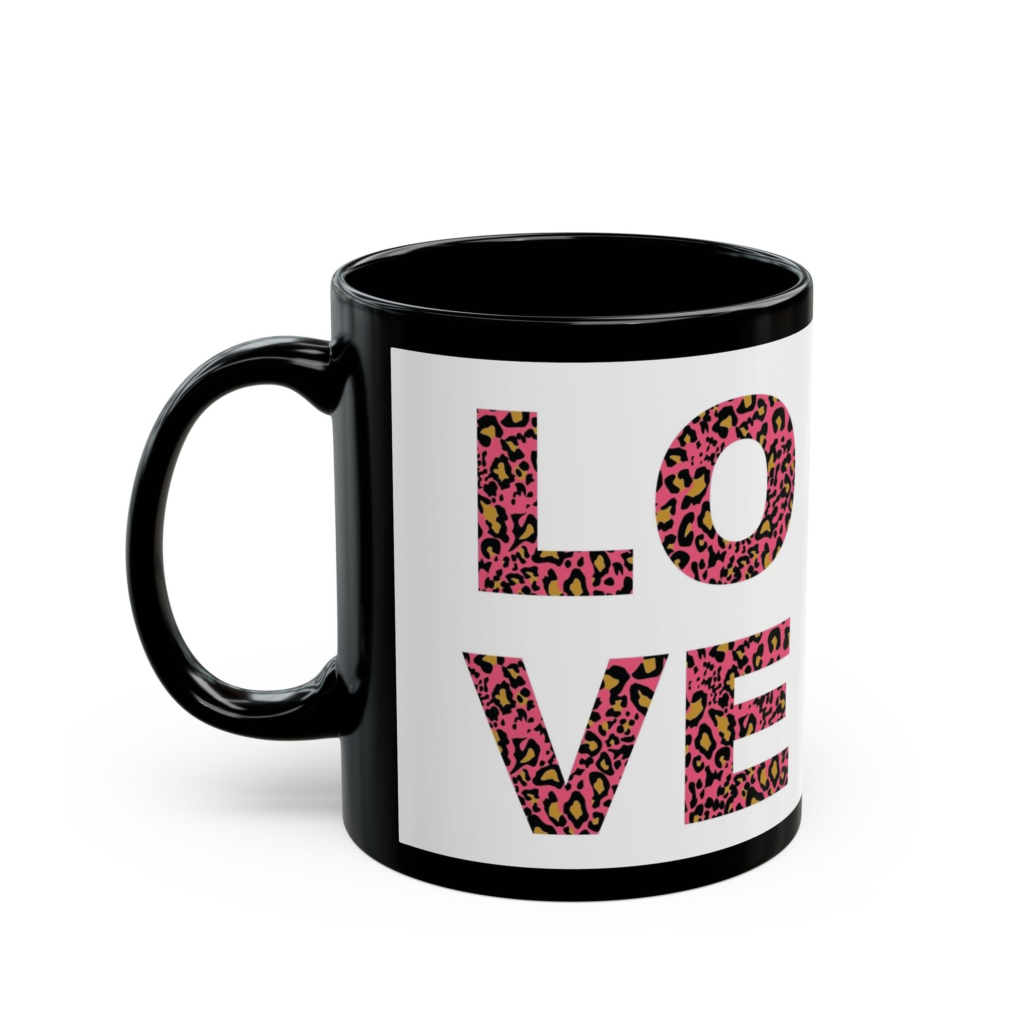 Leopard Love Black Ceramic Mug — Pink Leopard Print Coffee Cup (11oz & 15oz)