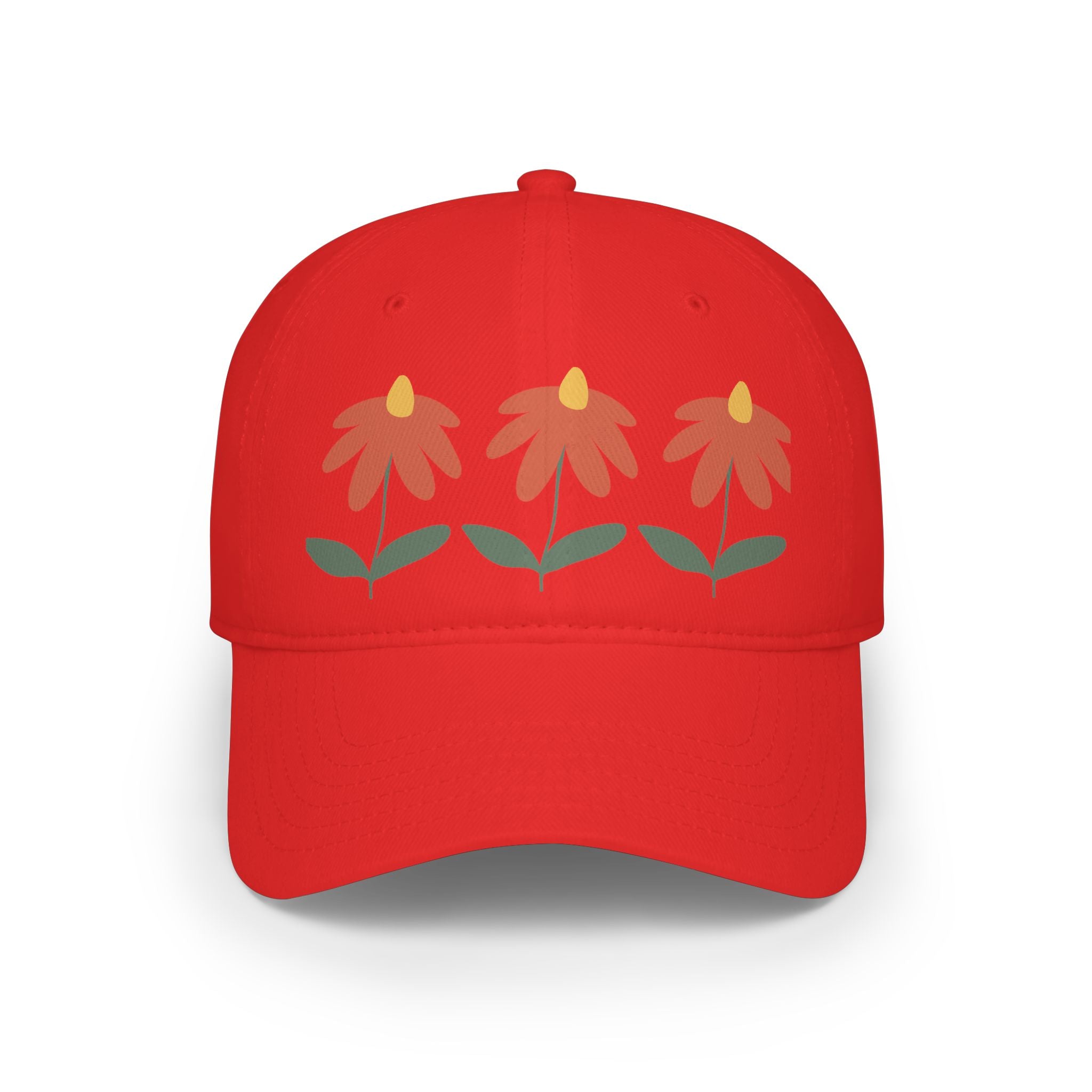 Red Floral Baseball Cap – Trio Flower Design (Low Profile)