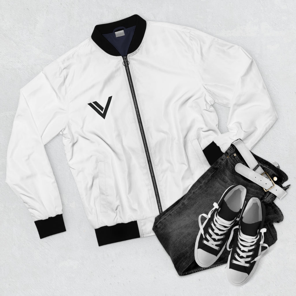Minimal V Logo Bomber Jacket — Men's White AOP Streetwear