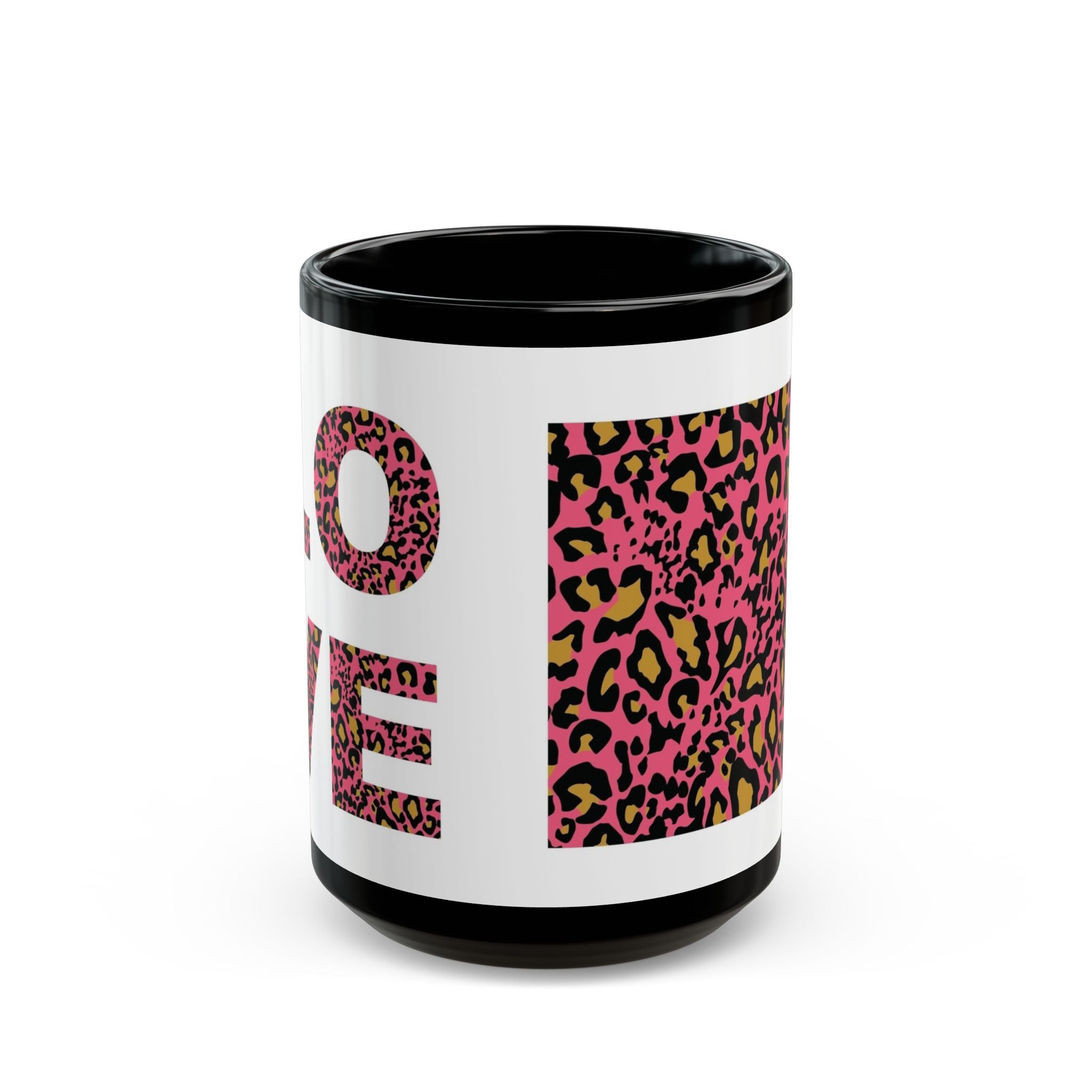 Leopard Love Black Ceramic Mug — Pink Leopard Print Coffee Cup (11oz & 15oz)