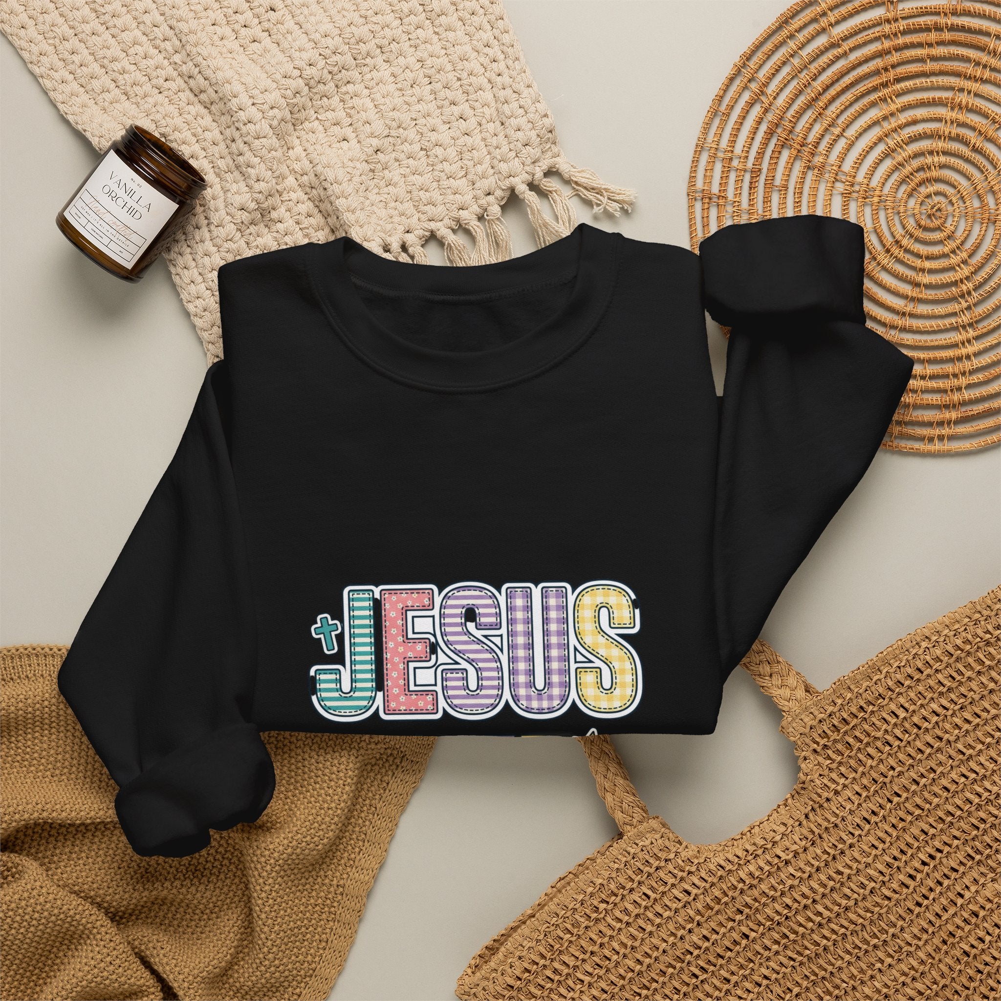 Jesus Over Everything Sweatshirt | Christian Faith Rainbow Script