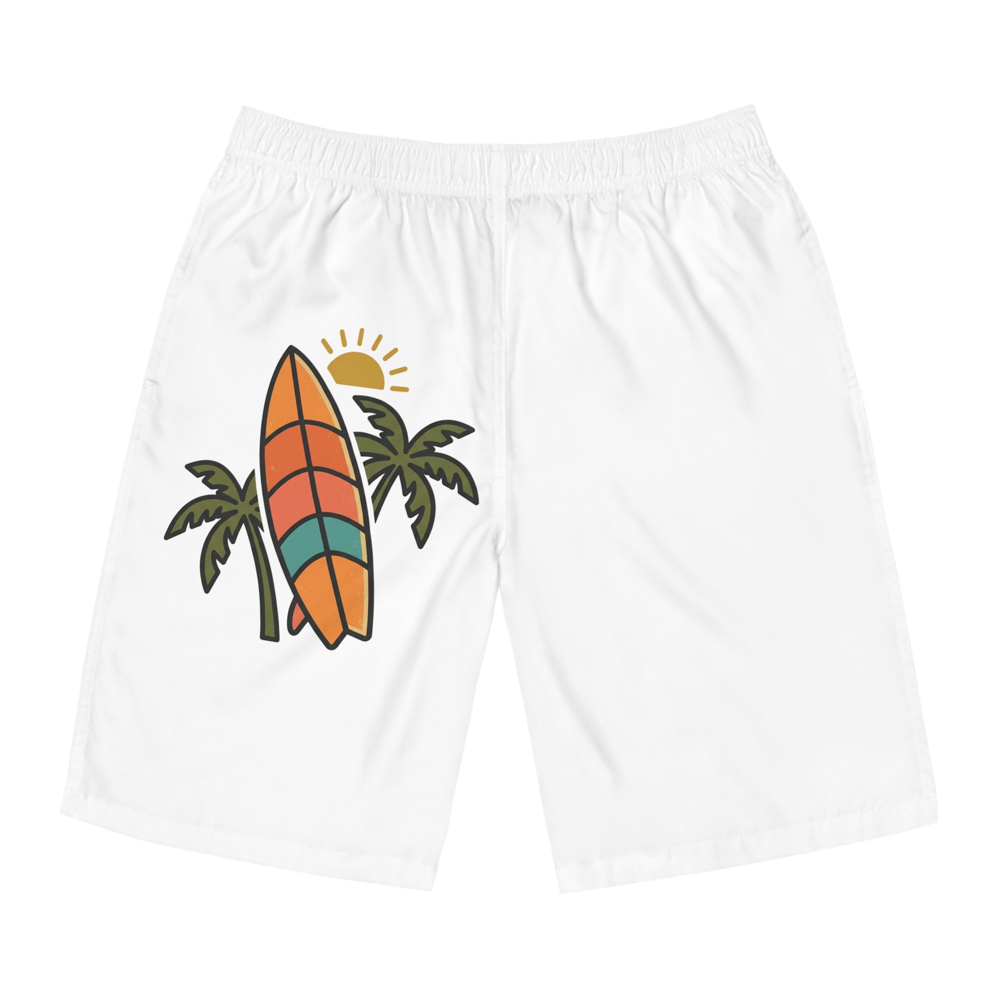 Surfboard Palm Tree Board Shorts — Men's Beach Swim Trunks
