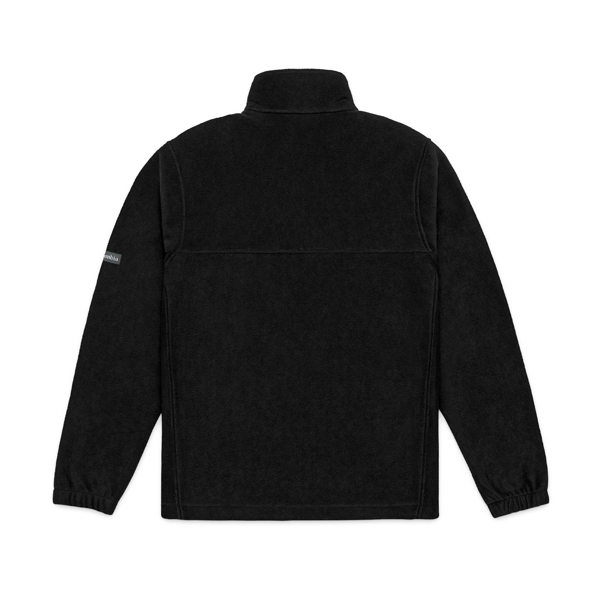 V Emblem Fleece Jacket back view in black with stand collar; Columbia sleeve tag