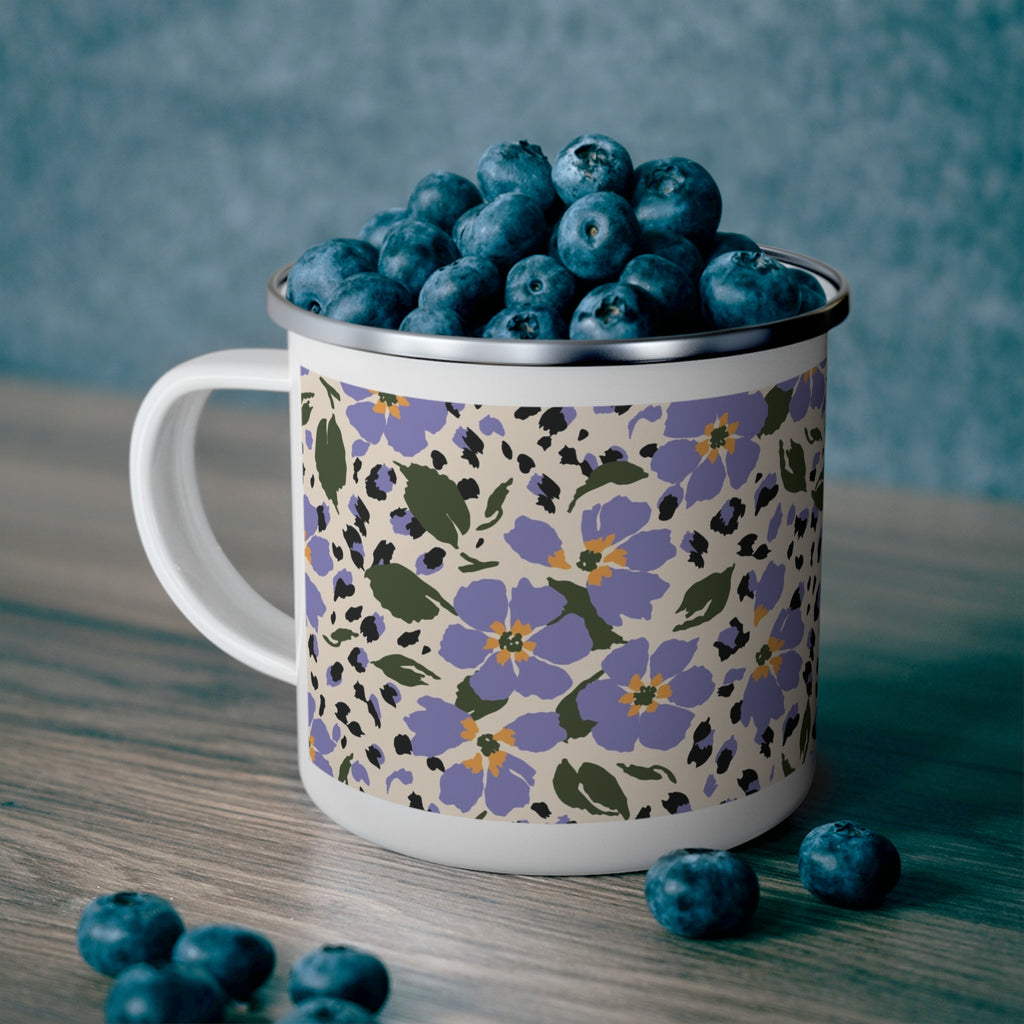 Floral Lavender Camping Mug — Enamel Travel Cup with Purple Wildflower Pattern