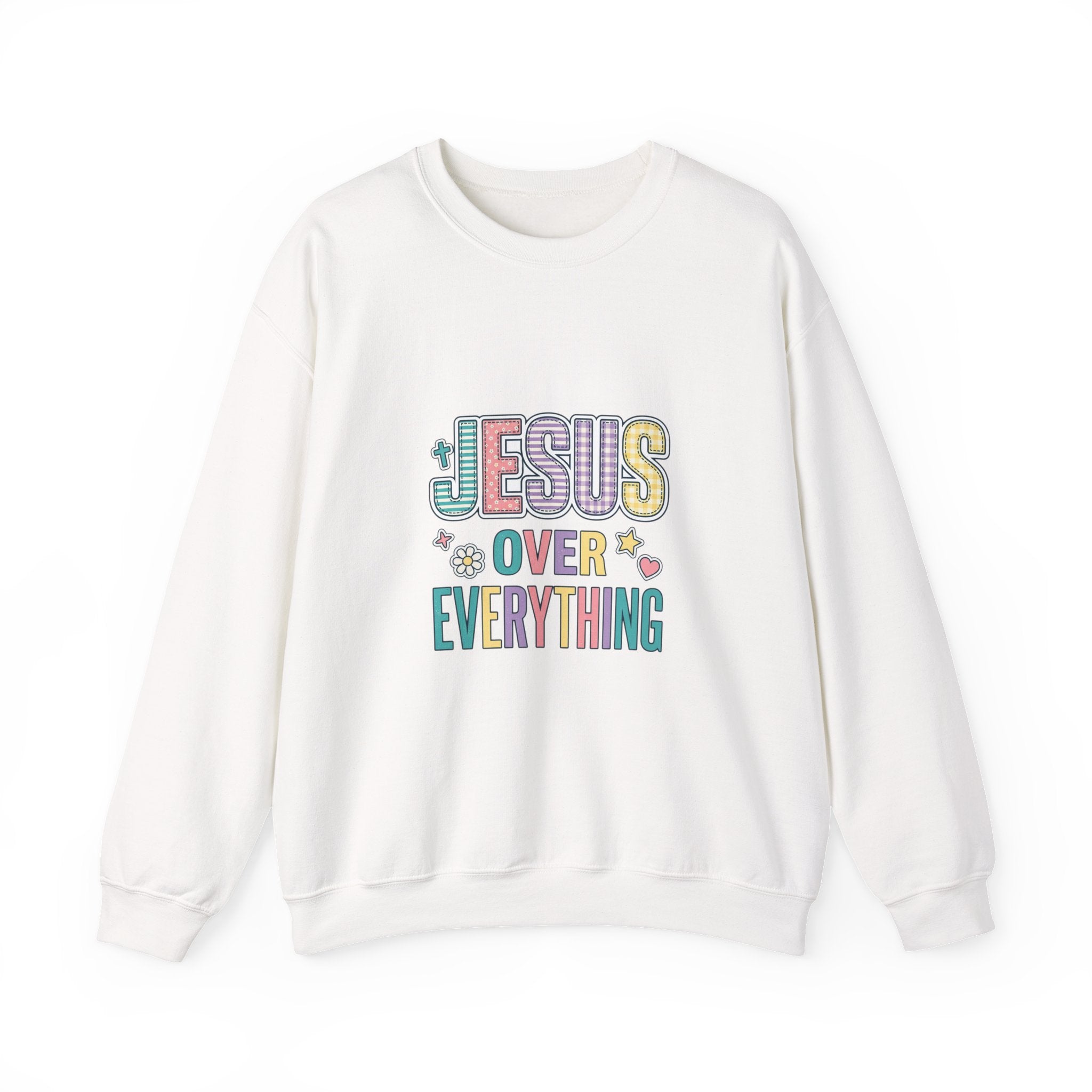 Jesus Over Everything Sweatshirt | Christian Faith Rainbow Script