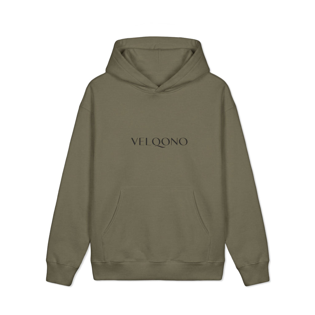 Essential Heavyweight Hoodie by Printify in olive with VELQONO logo on chest.
