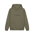 Essential Heavyweight Hoodie by Printify in olive with VELQONO logo on chest.