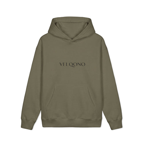 Essential Heavyweight Hoodie by Printify in olive with VELQONO logo on chest.