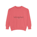 A coral pink crewneck sweatshirt with 'VELQONO' printed in black serif font across the chest, displayed on a clean white background.