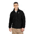 V Emblem Fleece Jacket, black fleece sweatshirt with a white V emblem on chest, VelQono