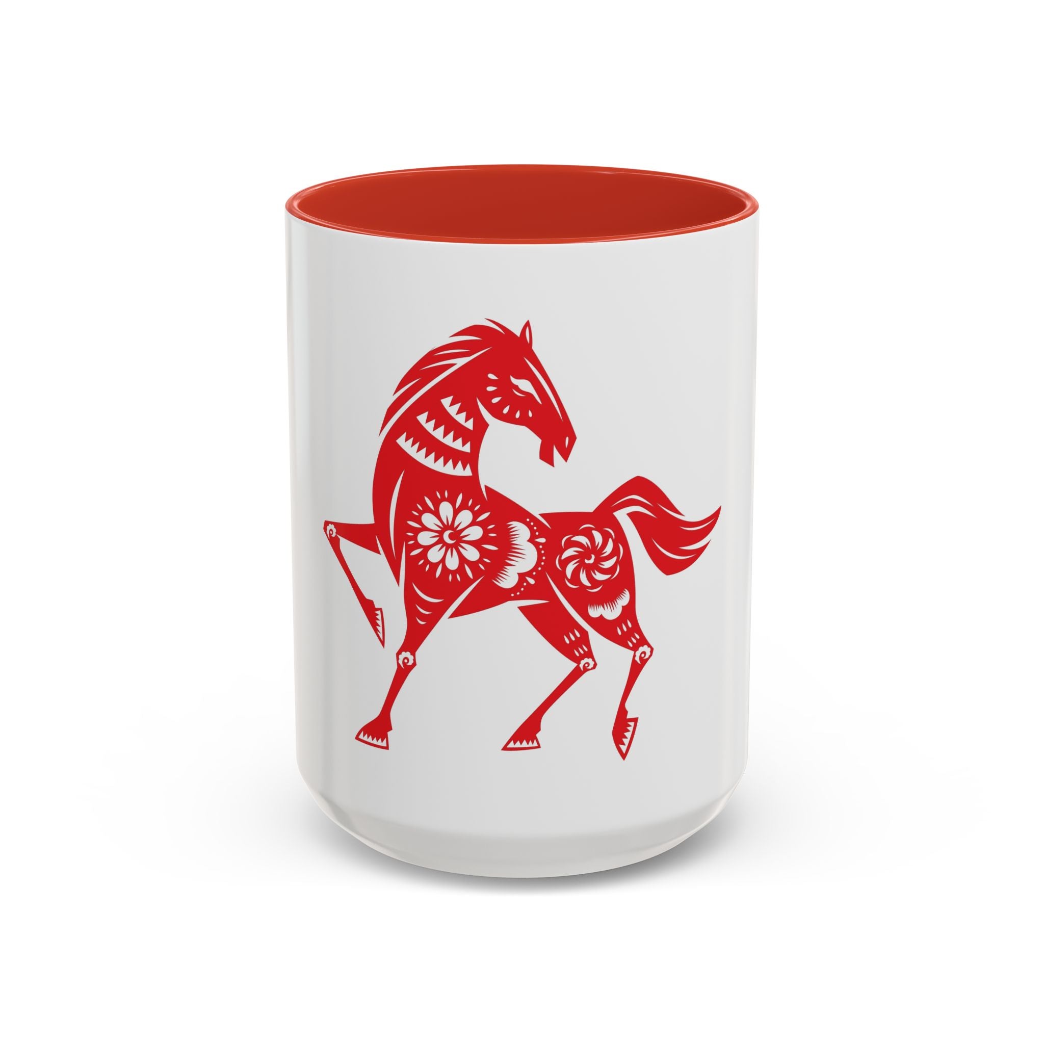 Chinese Paper-Cut Horse Accent Coffee Mug — Red Lunar New Year Design (11/15oz)