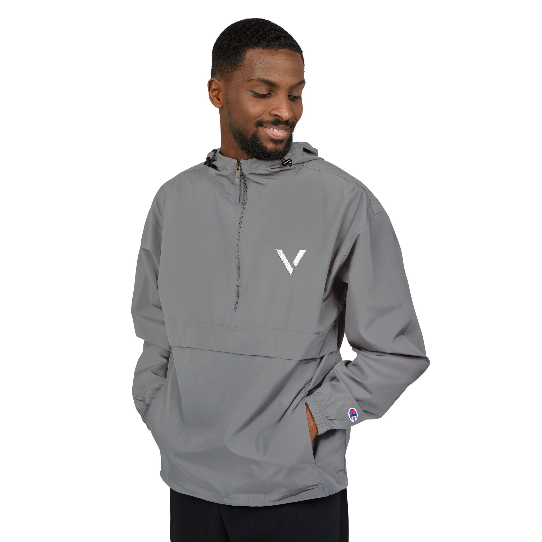 Packable Anorak Jacket - Lightweight Grey Windbreaker with Small White V Logo
