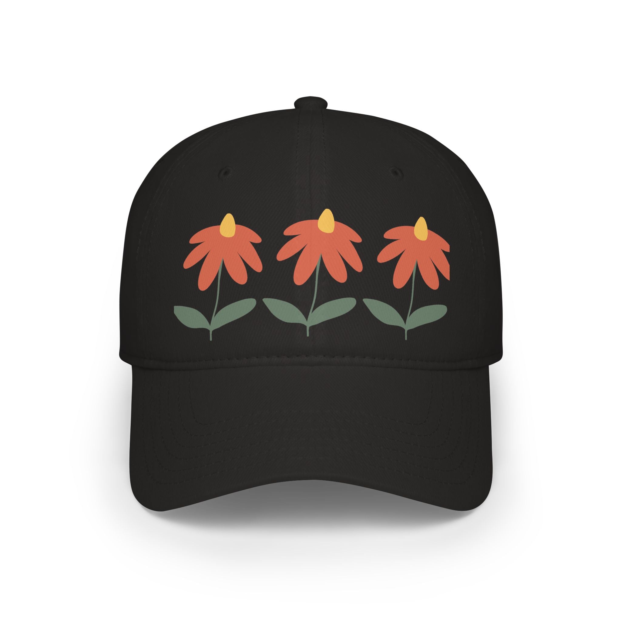 Red Floral Baseball Cap – Trio Flower Design (Low Profile)