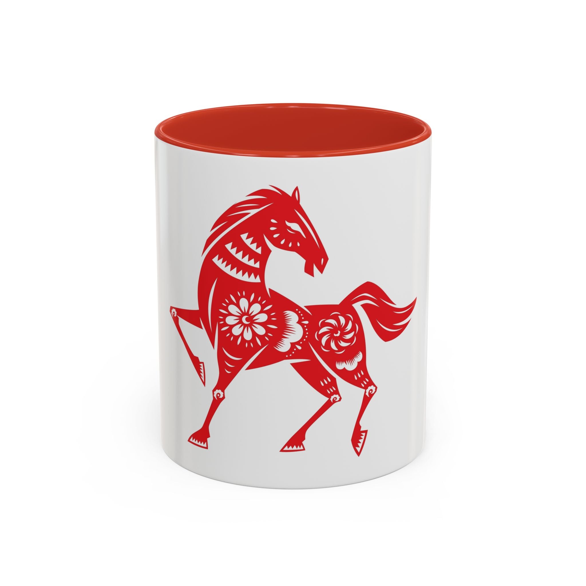 Chinese Paper-Cut Horse Accent Coffee Mug — Red Lunar New Year Design (11/15oz)