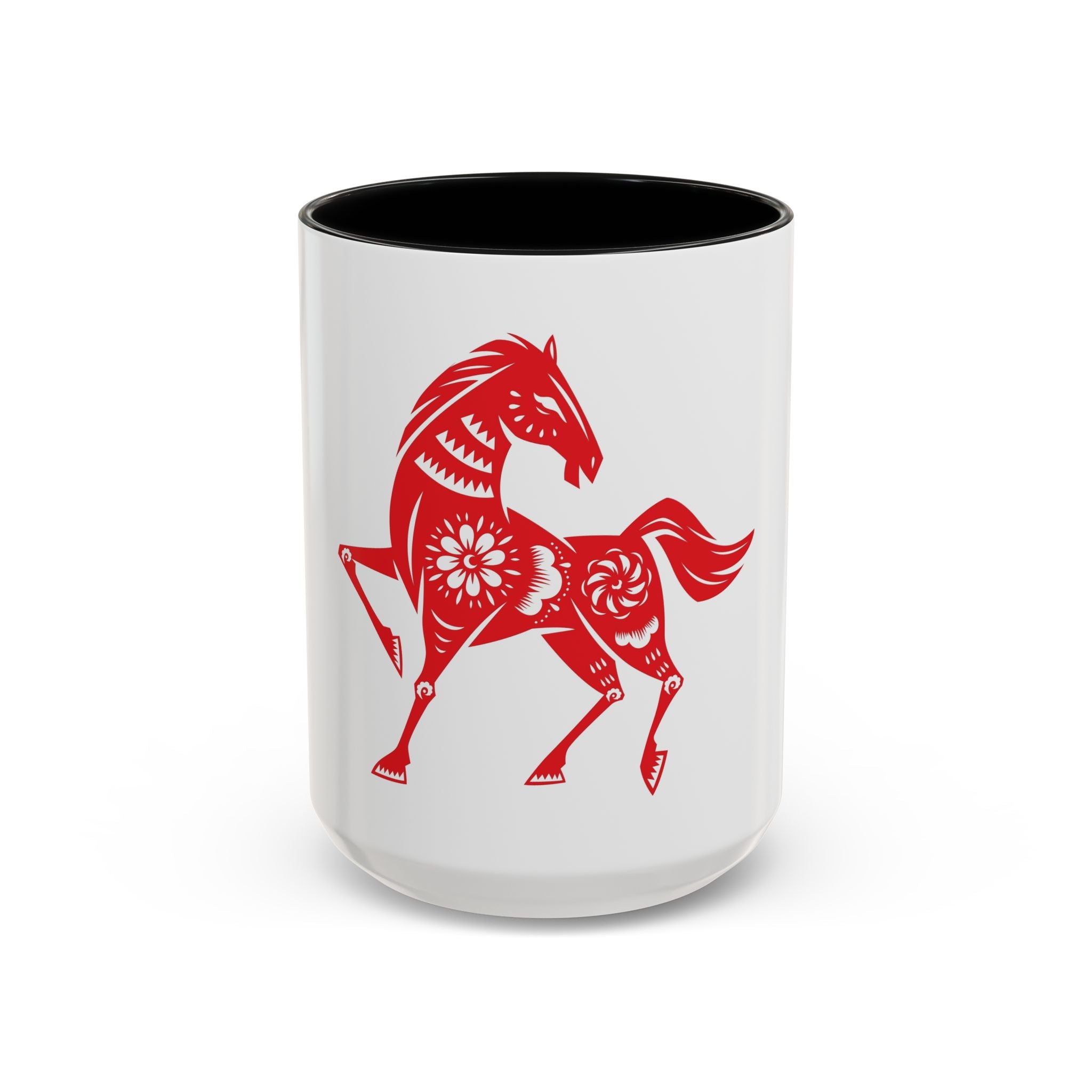 Chinese Paper-Cut Horse Accent Coffee Mug — Red Lunar New Year Design (11/15oz)