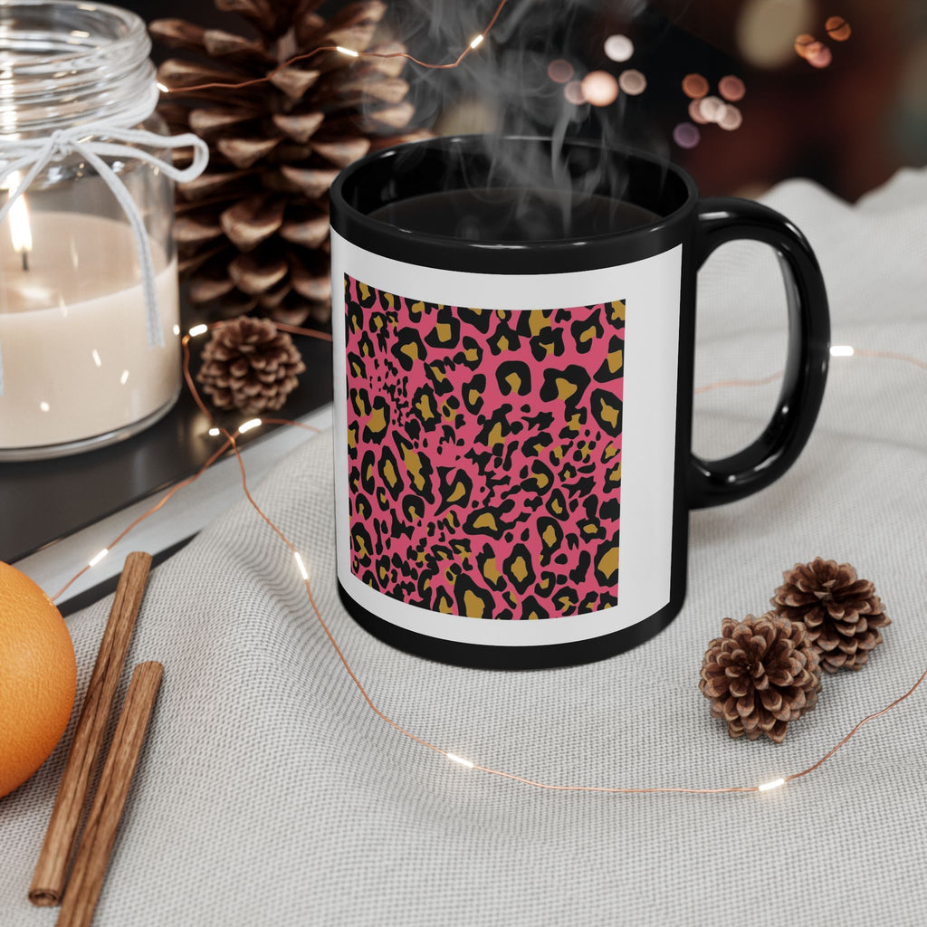 Leopard Love Black Ceramic Mug — Pink Leopard Print Coffee Cup (11oz & 15oz)