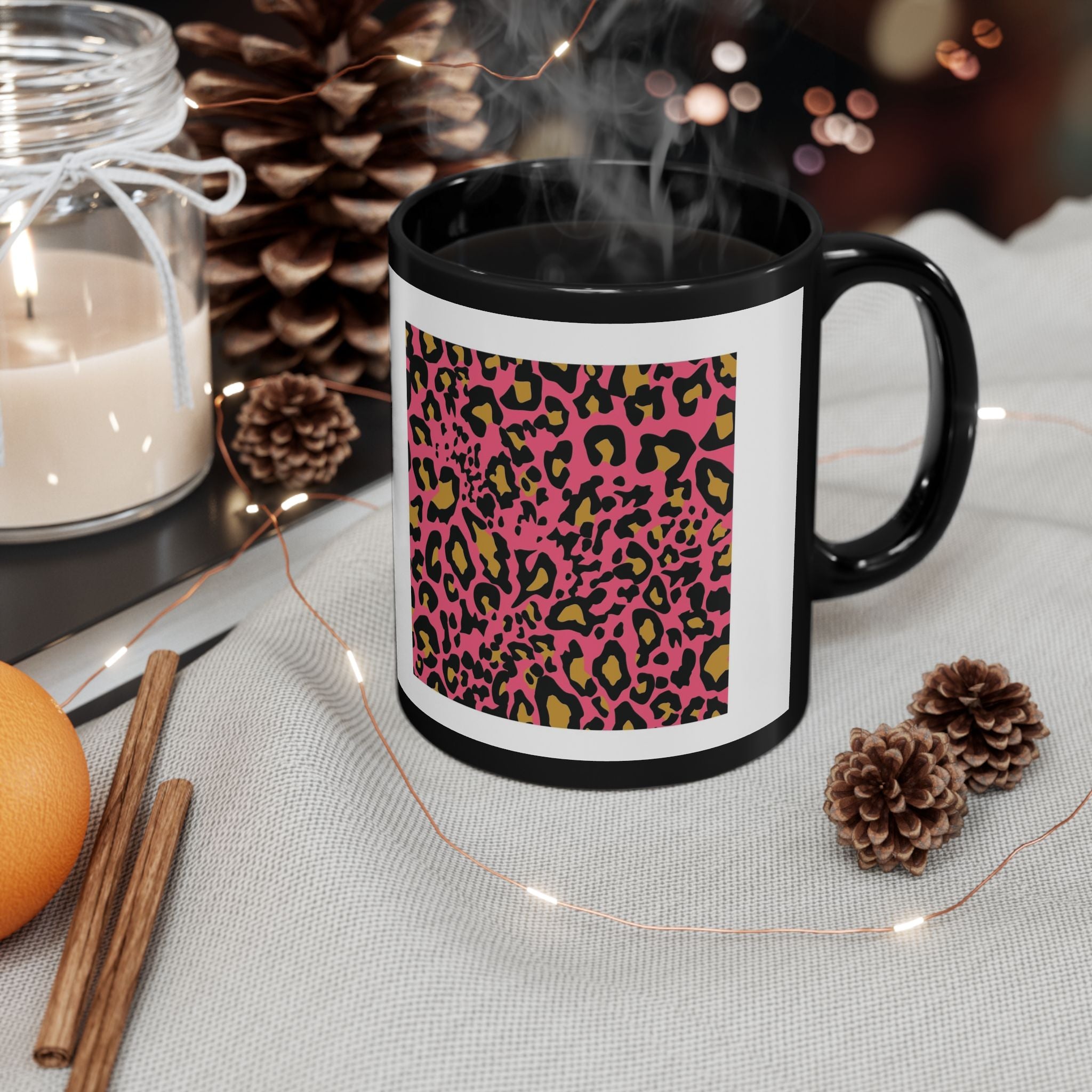 Leopard Love Black Ceramic Mug — Pink Leopard Print Coffee Cup (11oz & 15oz)