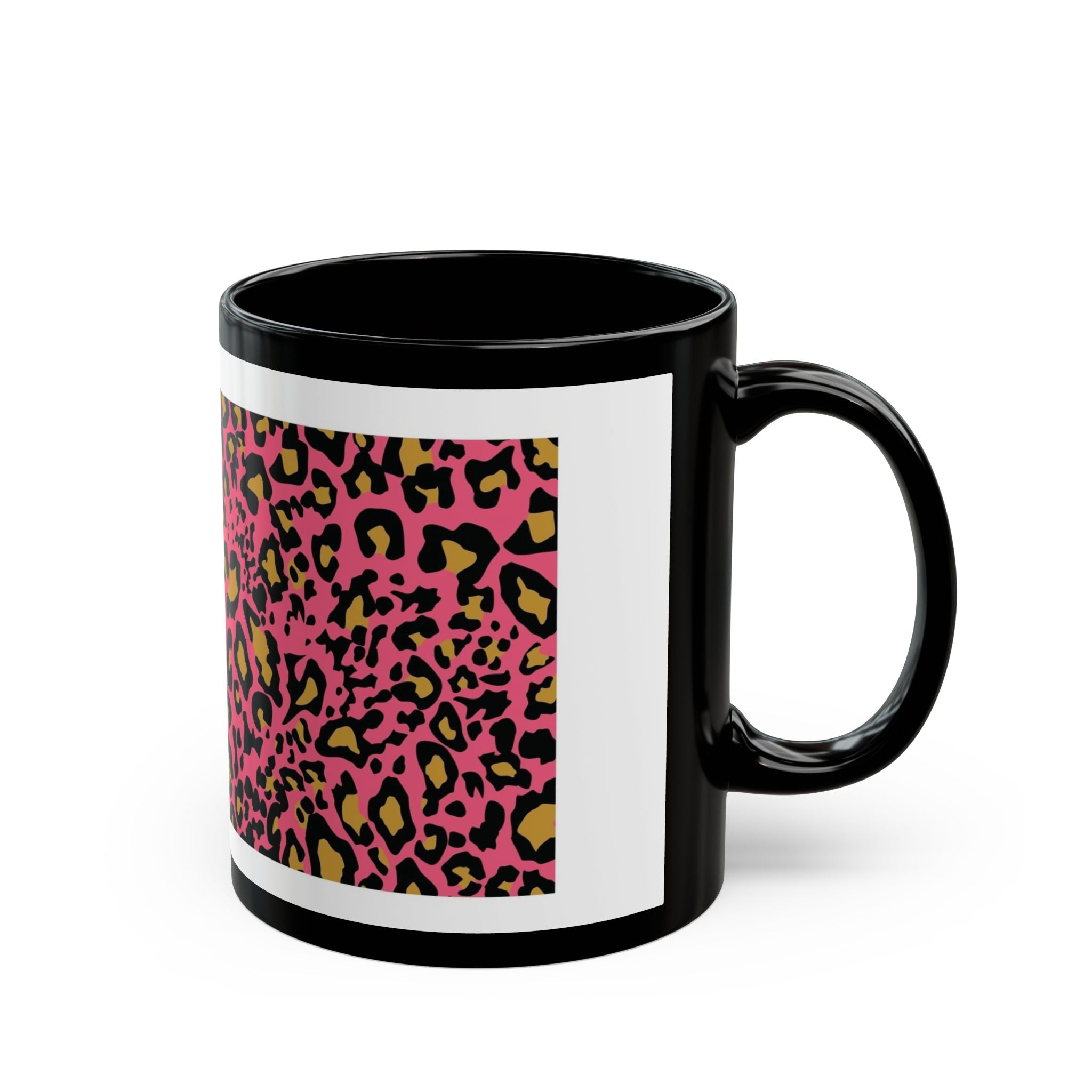 Leopard Love Black Ceramic Mug — Pink Leopard Print Coffee Cup (11oz & 15oz)