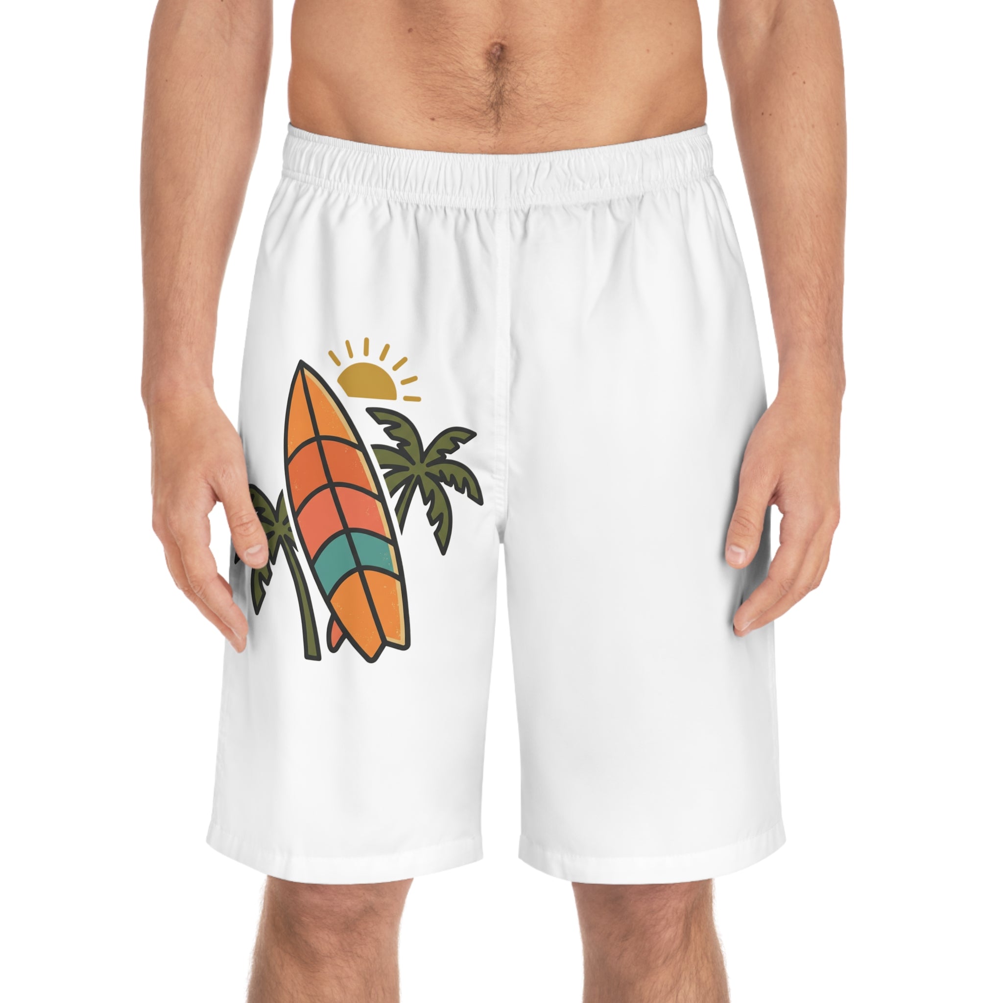Surfboard Palm Tree Board Shorts — Men's Beach Swim Trunks