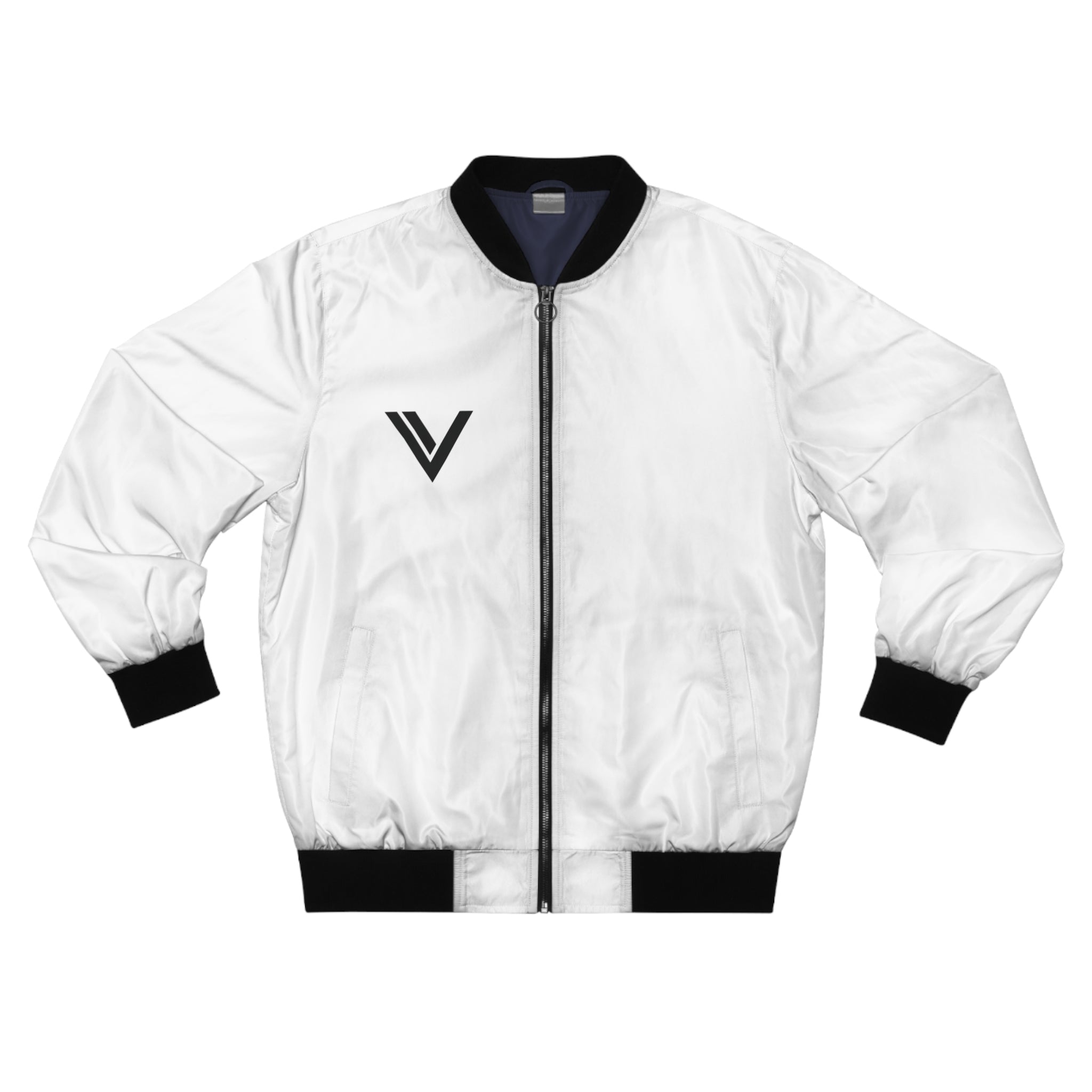 Minimal V Logo Bomber Jacket — Men's White AOP Streetwear