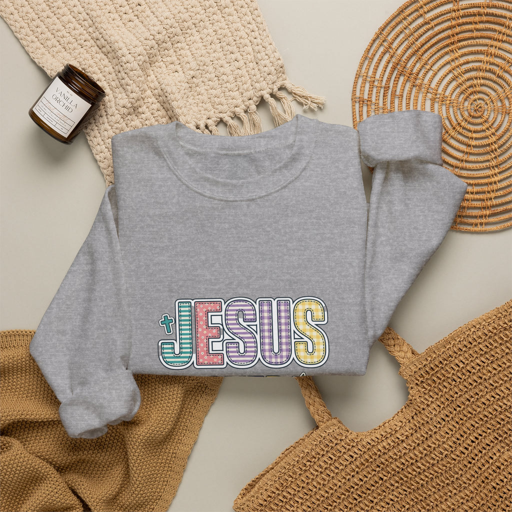 Jesus Over Everything Sweatshirt | Christian Faith Rainbow Script