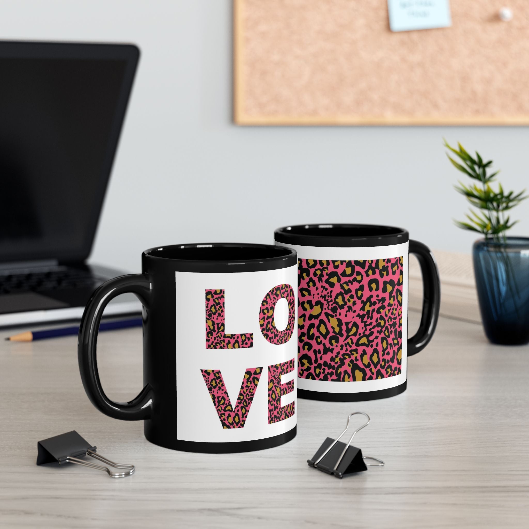 Leopard Love Black Ceramic Mug — Pink Leopard Print Coffee Cup (11oz & 15oz)