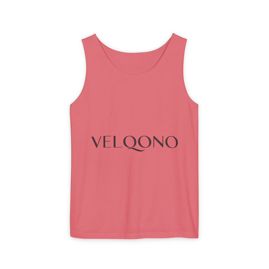 Essential garment-dyed tank top in pink with black front text graphic