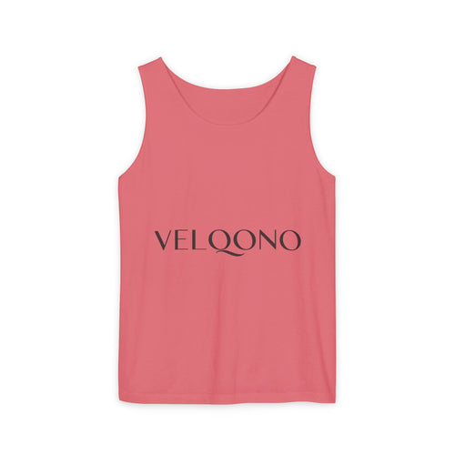 Essential garment-dyed tank top in pink with black front text graphic