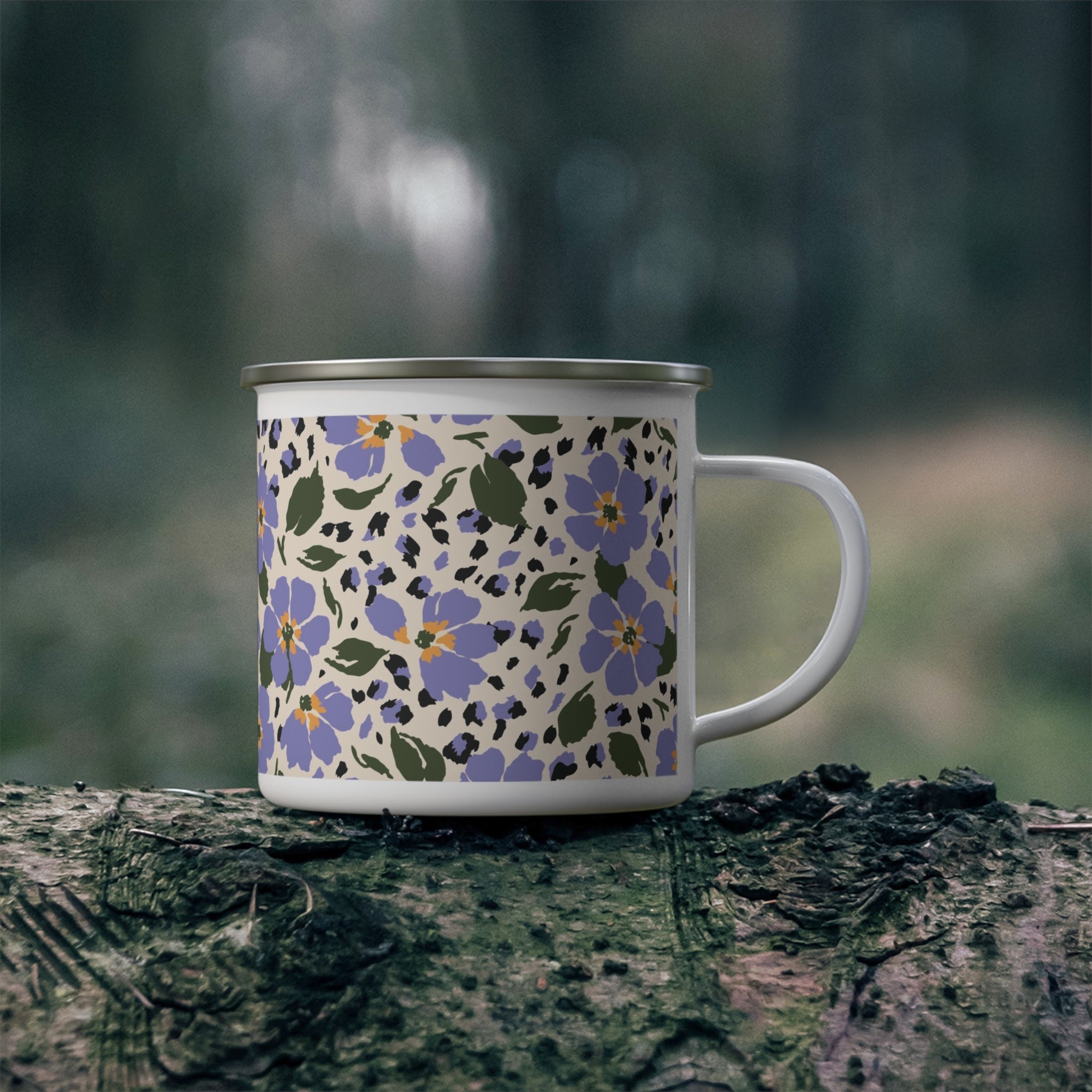 Floral Lavender Camping Mug — Enamel Travel Cup with Purple Wildflower Pattern