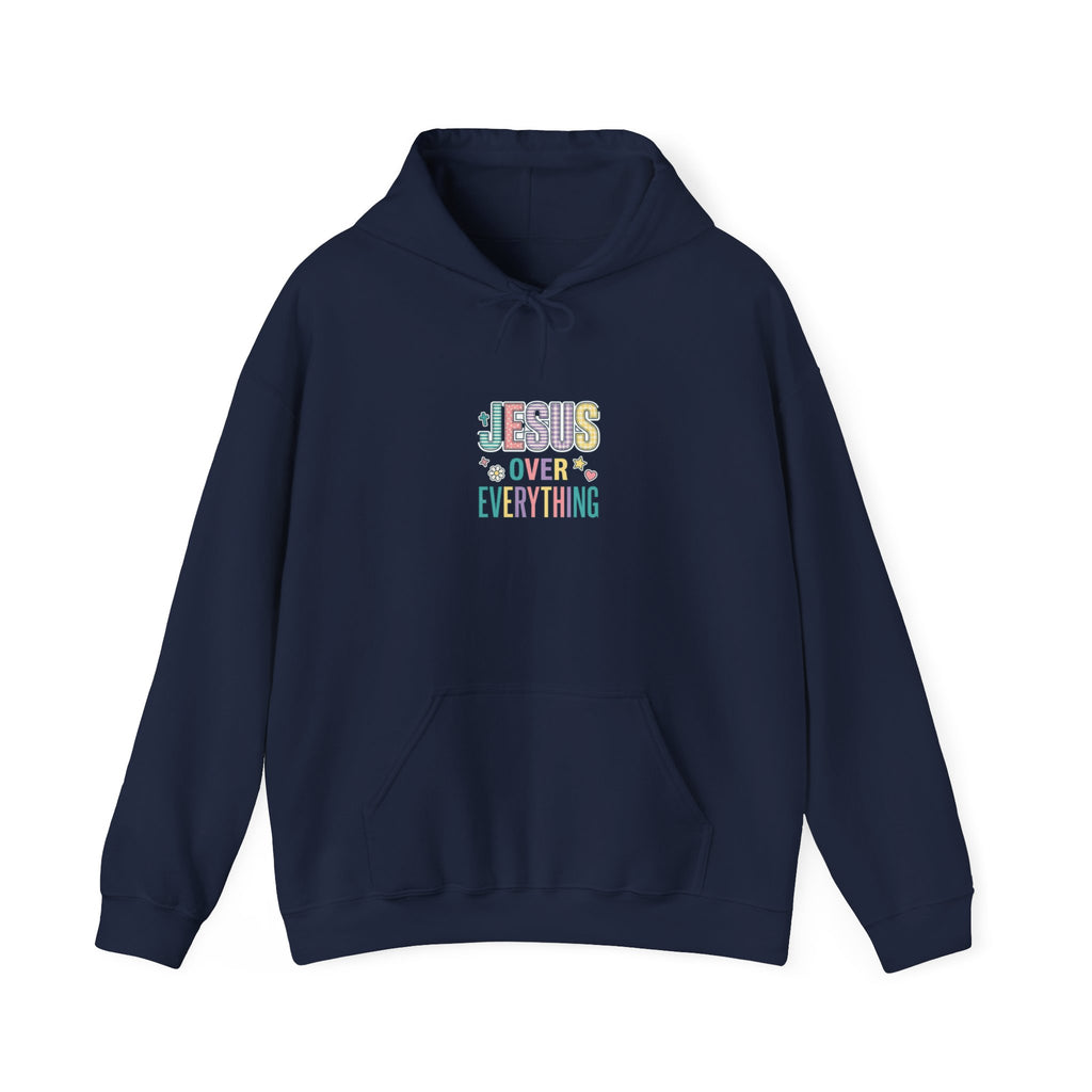Jesus Over Everything Hoodie | colorful scripture, playful faith sweatshirt