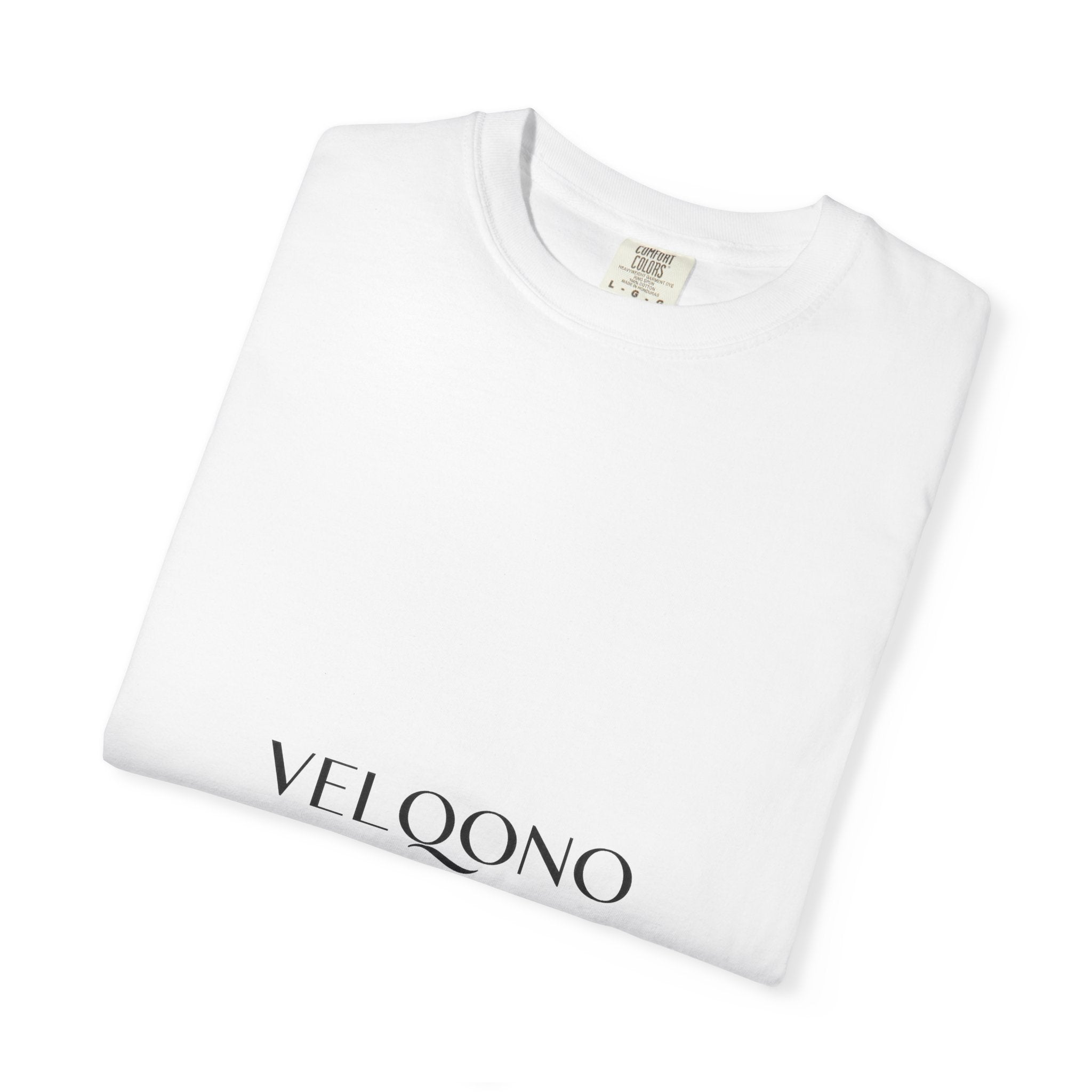 T-shirt VelQono Logo Tee, white, folded with Comfort Colors label visible