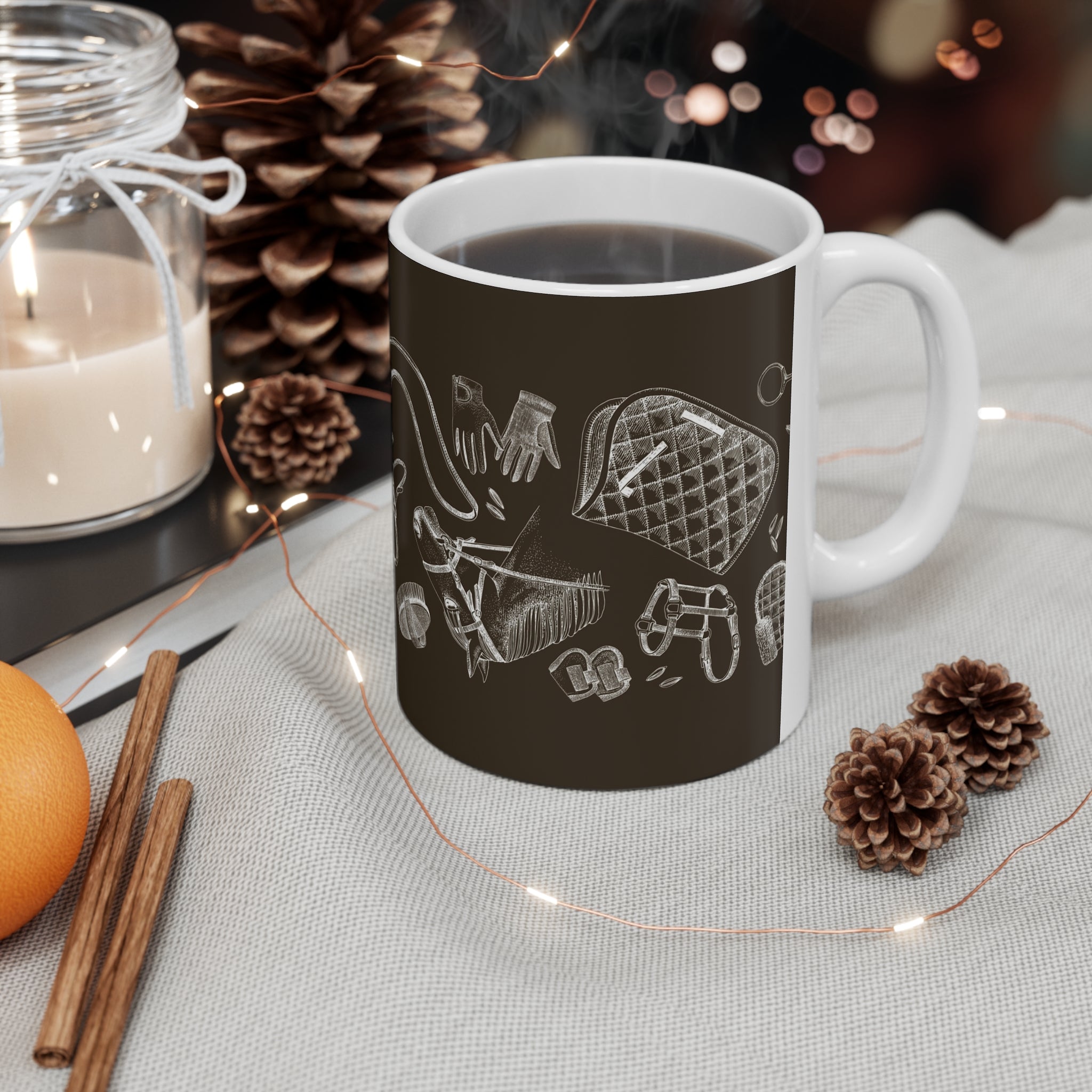 Equestrian Chalkboard Coffee Mug — Horse Riding Gear Pattern, 11oz & 15oz