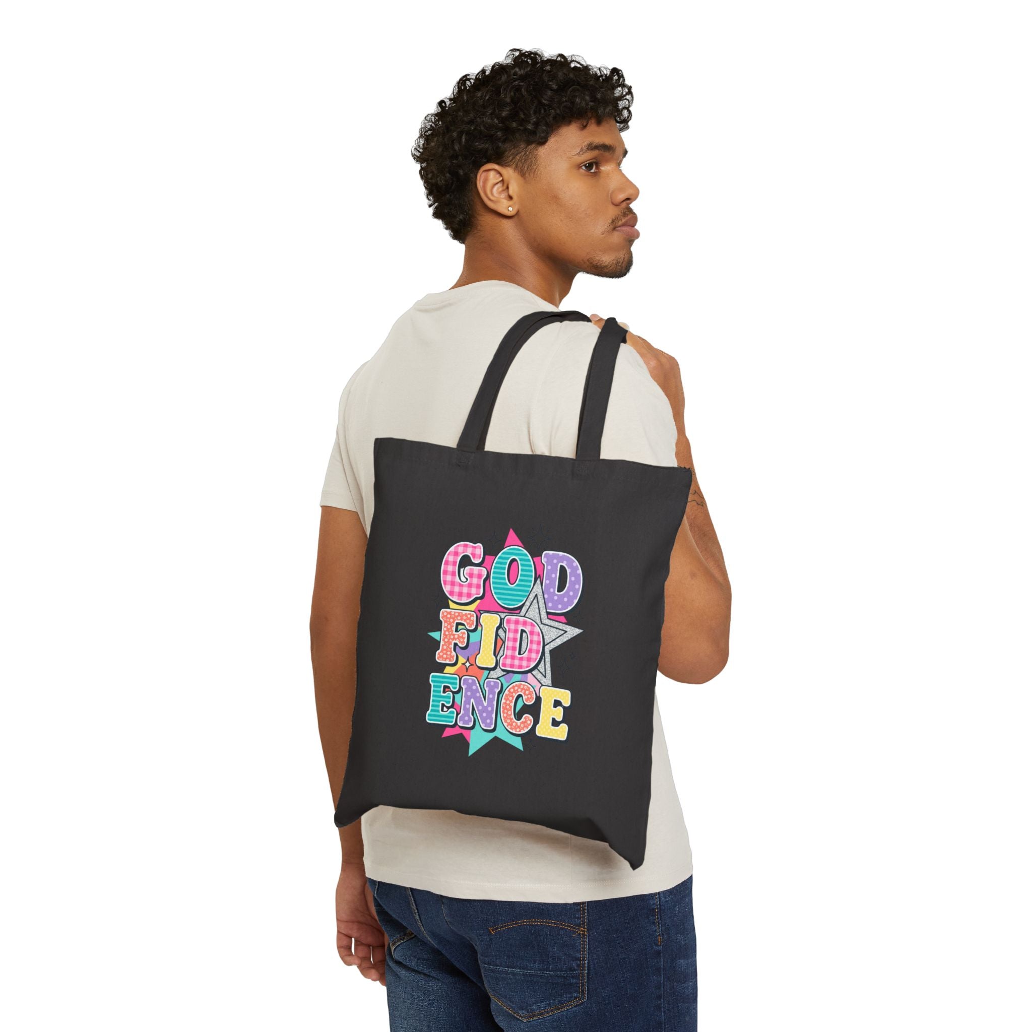 Godfidence Tote | Christian Rainbow Scripture Quote, Colorful Faith Canvas Tote