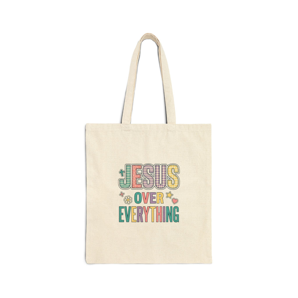 Jesus Over Everything Tote | Christian Rainbow Scripture Quote, Canvas