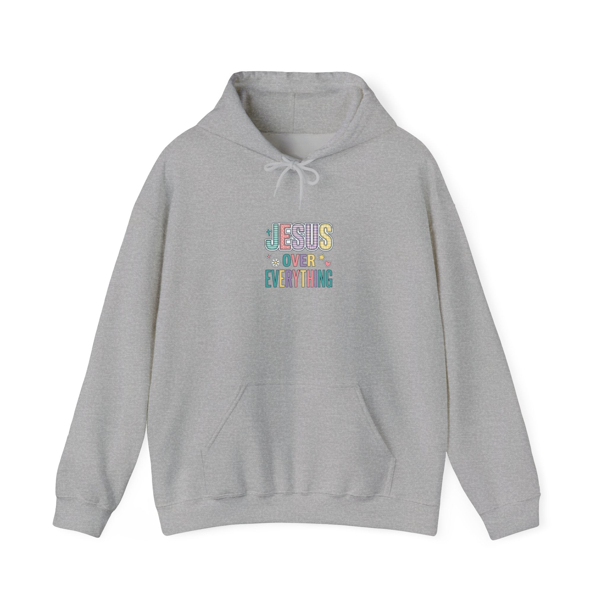 Jesus Over Everything Hoodie | colorful scripture, playful faith sweatshirt
