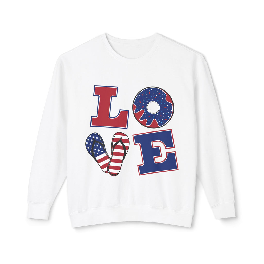 Patriotic LOVE Crewneck Sweatshirt — American Flag Donut & Flip-Flop Design