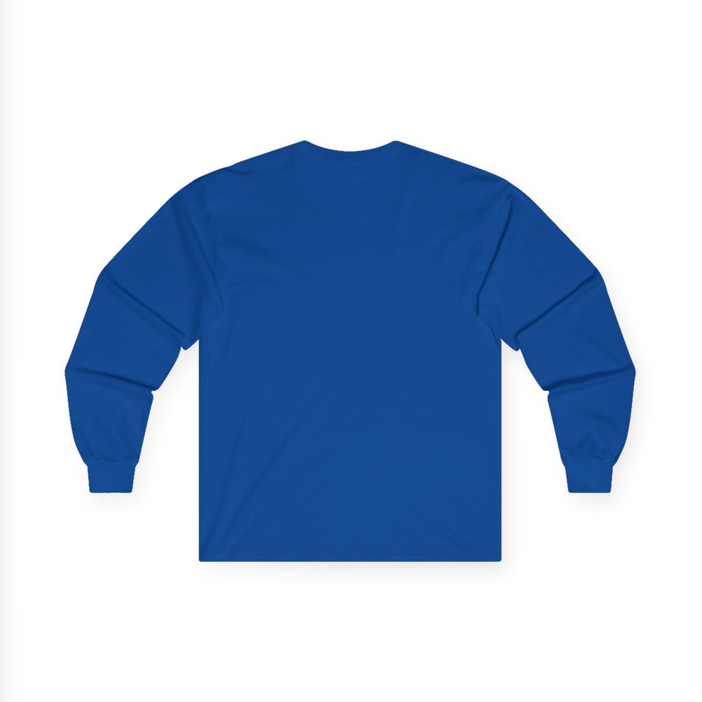 Blue Printify Essential Logo Long Sleeve Tee, crew-neck, back view