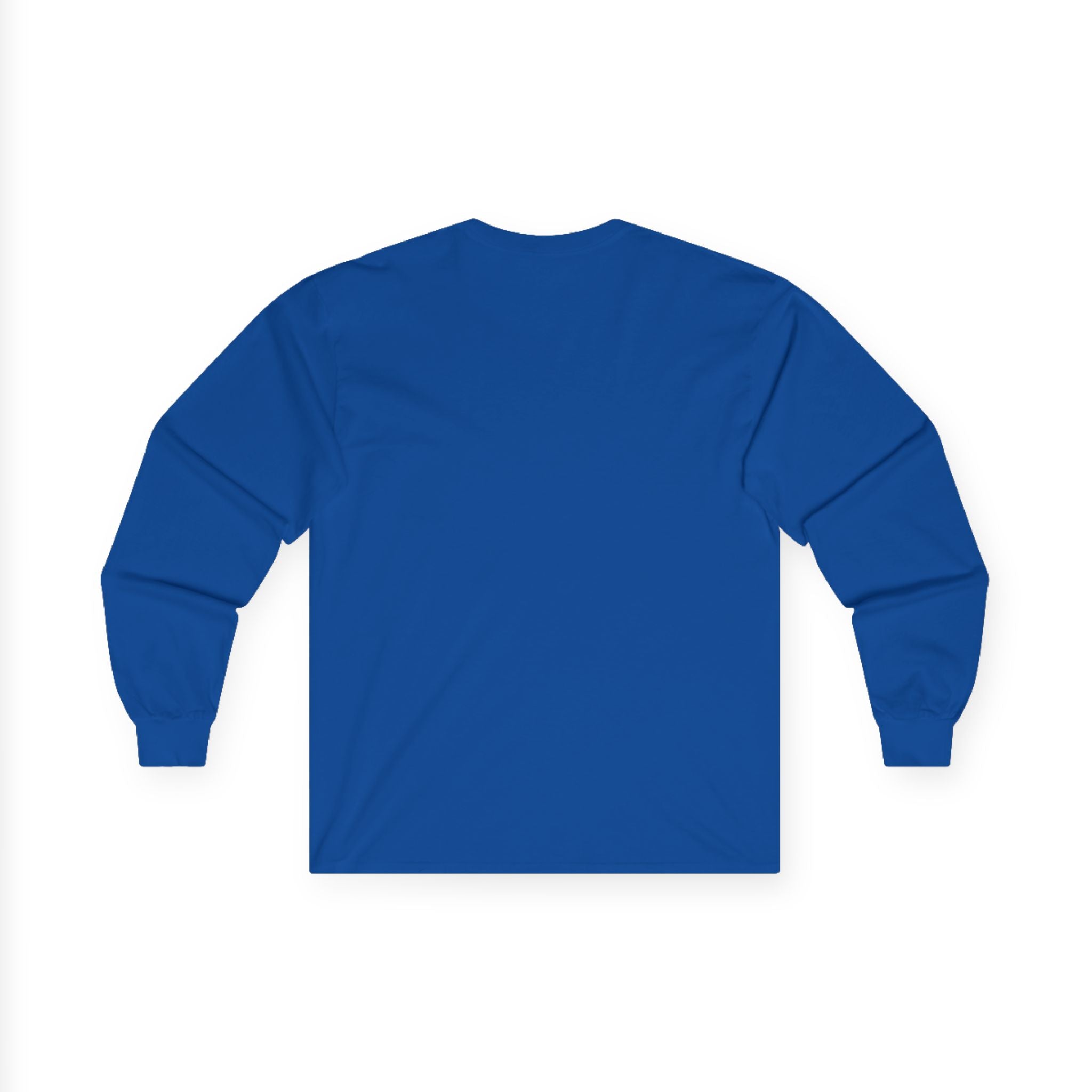 Blue Printify Essential Logo Long Sleeve Tee, crew-neck, back view